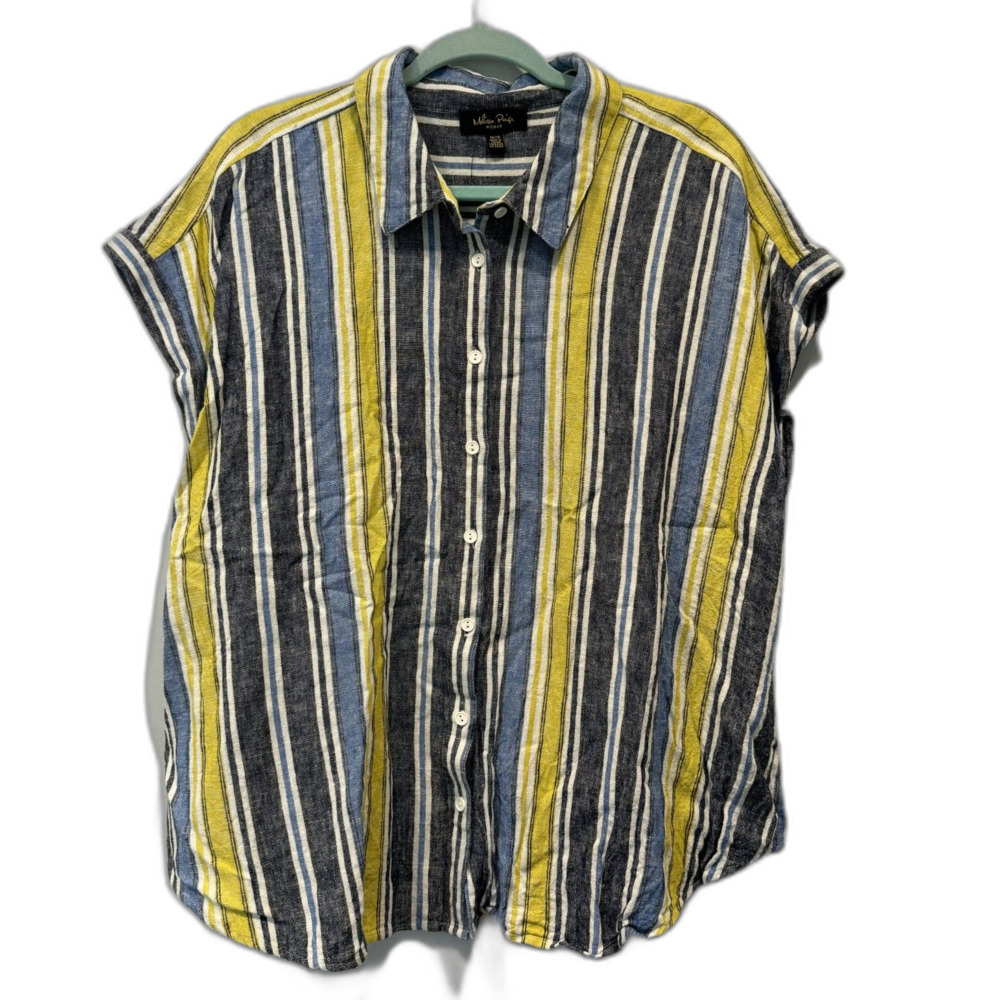 Melissa Paige Linen Top Striped Button Front Blouse Blue Yellow Womens 1X Plus